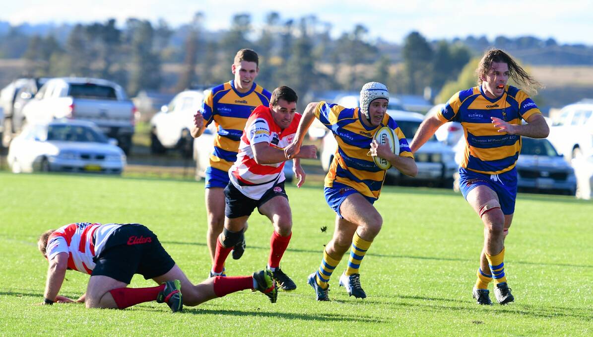ONE TO WATCH: Bathurst Bulldogs' Joe Kermode on his way towards scoring a brilliant solo try against the Cowra Eagles earlier this season. Photo: ALEXANDER GRANT