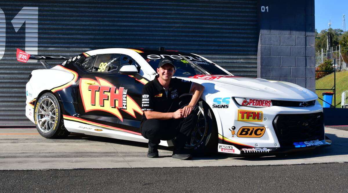 Todd Hazelwood with his Erebus Motorsport Camaro at Thursday's livery unveiling. Picture by Alexander Grant.