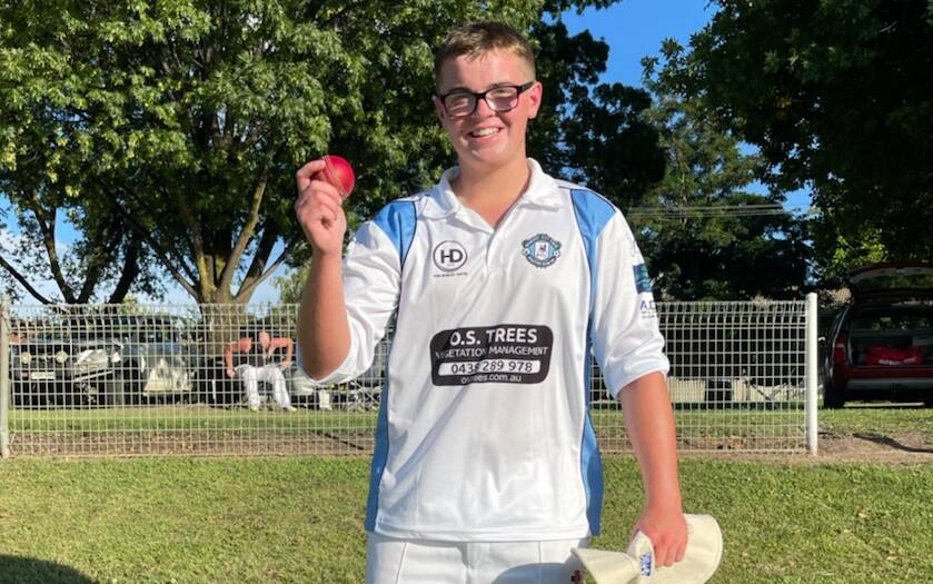 BIG DAY OUT: Angus Phillips was all smiles after picking up figures of 5-15 in his BDCA second grade debut with City Colts. Photo: CONTRIBUTED
