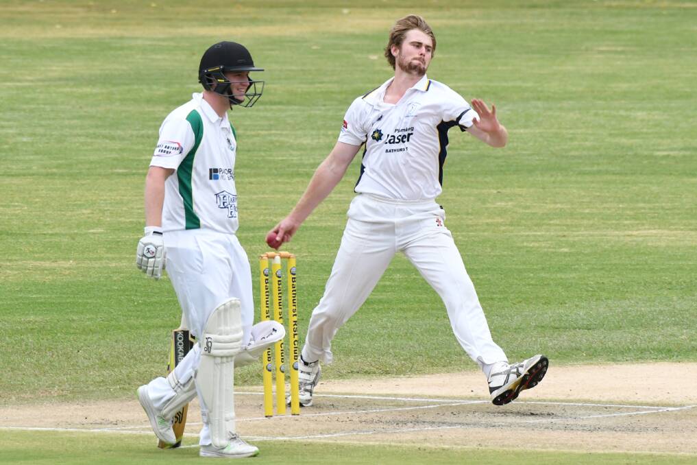 STORMING IN: St Pat's Old Boys' Ethan Ivory runs in to deliver against Centennials Bulls during last Saturday's first day of play. Pat's are within striking distance of a first innings victory. Photo: CHRIS SEABROOK