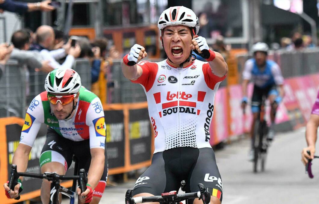 JUBILATION: Australia's Caleb Ewan celebrates his stage eight Giro d'Italia win. Photo: AP