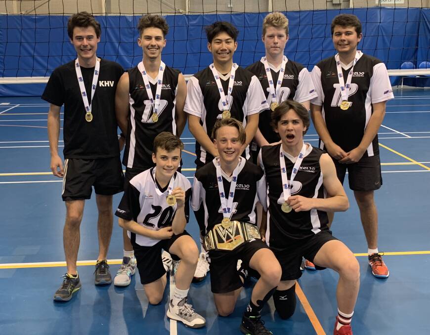 WIN TO SAVOUR: Kelso High School's under 16s boys side celebrate following their NSW Volleyball Schools Cup round five victory. The school's under 16s girls side played up an age division in 17s but also managed to return home with a gold medal. Photo: CONTRIBUTED