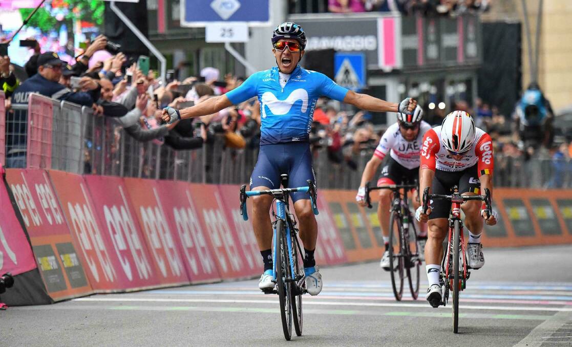 CELEBRATION: Richard Carapaz wins stage four of the Giro d'Italia. Bathurst Mark Renshaw was over 12 minutes behind. Photo: AP