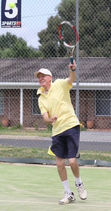 TEAM GOES TOP: John Bullock sends down a serve at the Eglinton Tennis Club. Bullock and Allyson Schumacher's team won eight sets to two.