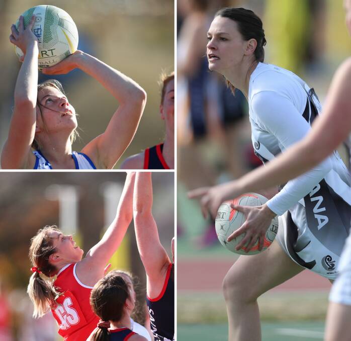BIG DAY OF NETBALL: Sara Matthews (top left) and Collegians Mystified play Panthers, Emily Patton (bottom left) and CSU play Bulldogs Verdelho and Rachel Murray (right) and Mana take on ASC. Photos: PHIL BLATCH