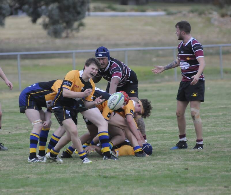 GOOD FIGHT: CSU's Ben Reading-Thompson sends the ball away from the ruck in his side's defeat to the Parkes Boars on Saturday. Hosts CSU fought back but went down 33-22. Photo: CHRIS SEABROOK
