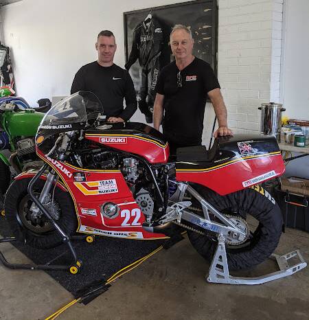 BEAUTIFUL MACHINE: Corey Forde and Hugh Robinson with the Trident XR69 Suzuki that Forde will race with this weekend at Phillip Island. Photo: CONTRIBUTED