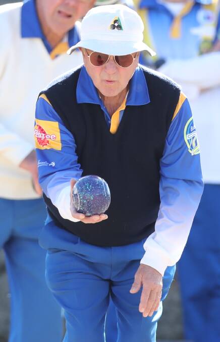 ASSESSING THE SITUATION: Kevin Miller takes aim during a recent triples match at the Bathurst City Bowling Club. Photo: PHIL BLATCH