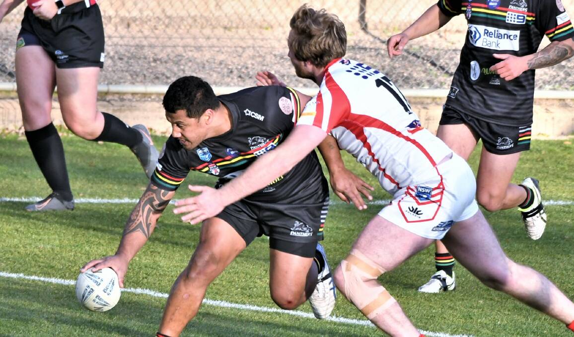 SHOCK LOSS: Abel Lefaoseu crosses for the Bathurst Panthers' first try on Sunday. The Bathurst club would ultimately go down for the first time this season, 24-16, to the Mudgee Dragons. Photo: CHRIS SEABROOK