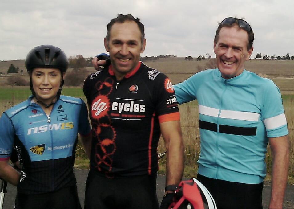 TOP THREE: Kirsten Howard (third), Charlie Gascoyne (winner) and Mark Windsor (second) filled the Bathurst Cycling Club's A grade podium on Saturday.