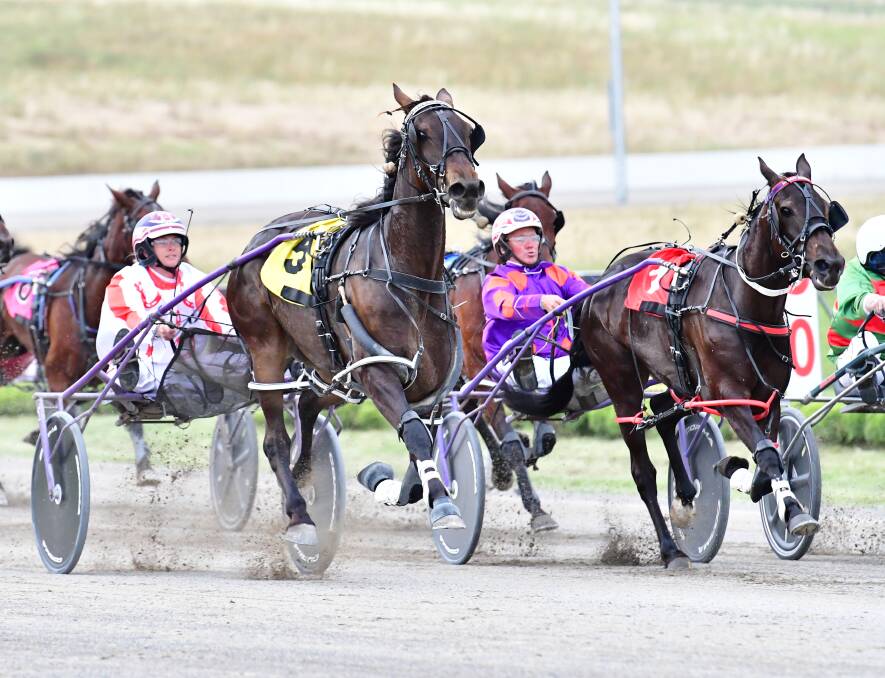 HERE I COME: Cowgirls N Angels (left) runs by Molliesmaryelle on her way to victory at Bathurst Paceway. Photo: ALEXANDER GRANT