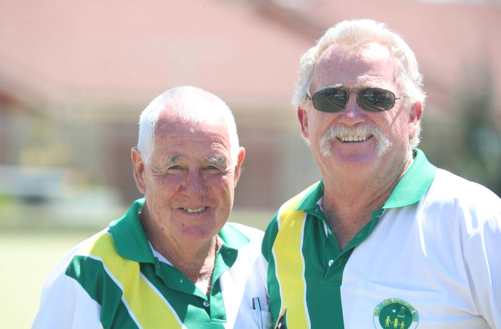 GOOD TIMES: Skippy Mcgarry and Tiger Smith all smiles during a recent round at the Majellan Bowling Club. Photo: PHIL BLATCH