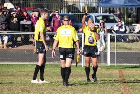 Officials Max McGuire (left), Phil Lindlay and Willy Barnes during the first grade fixture at Wellington on May 19. Picture by Nick Guthrie