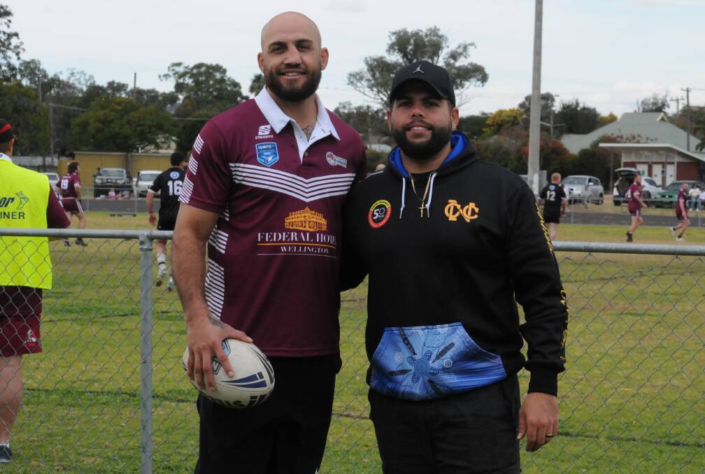 Blake Ferguson with brother Corey Sutherland ahead of his comeback game with Wellington in May. Picture by Nick Guthrie