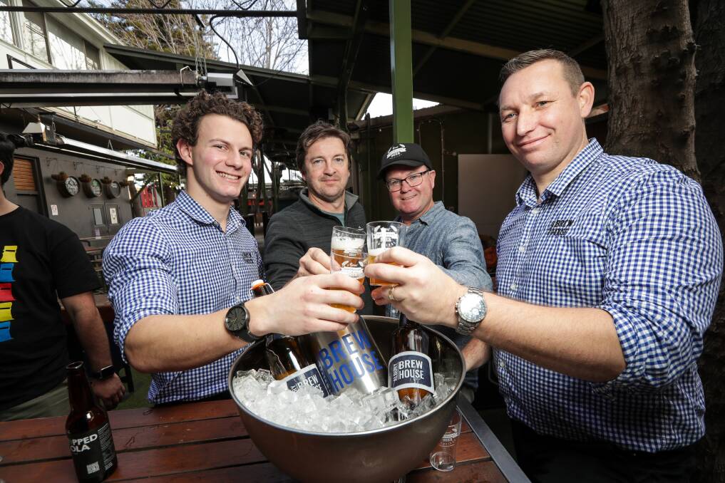 CHEERS: Harry Duck from Albury Brewhouse, Great Australian Beer Festival co-directors Kieran Blood and Michael Ward and Albury Brew House brewer Banjo Hillier at the festival launch yesterday. Picture: JAMES WILTSHIRE