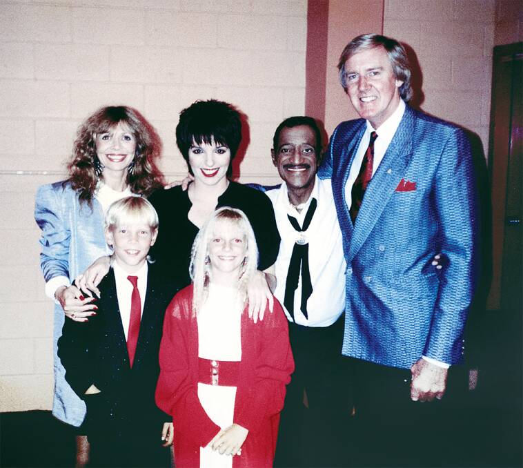 Back row: Katy Manning, Liza Minnelli, Sammy Davis Jnr and Barry Crocker. Front row: Katy's twins, JJ and Georgie. Picture supplied by Barry Crocker