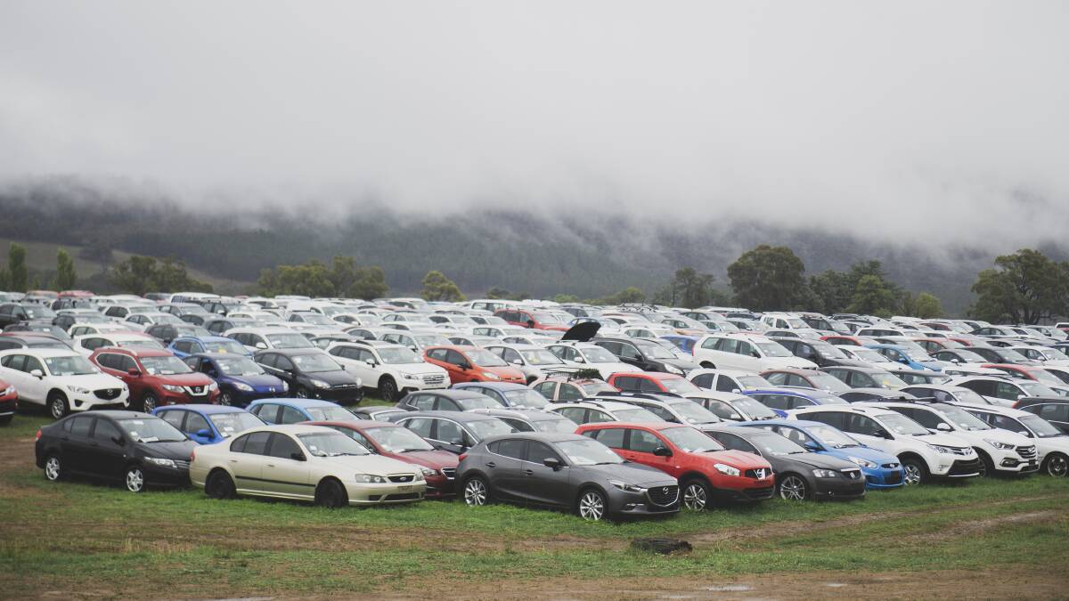 The thousands of hail-damaged cars at the Manheim auction storage facility at Majura Park. Picture: Dion Georgopoulos