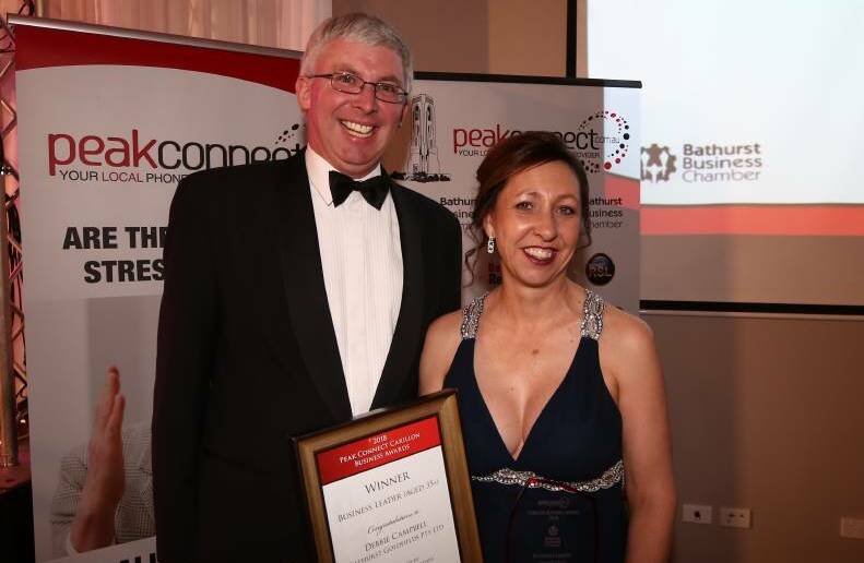 Last year's major winner, Debbie Campbell of Bathurst Goldfields, with Bathurst Business Chamber president Angus Edwards. 
