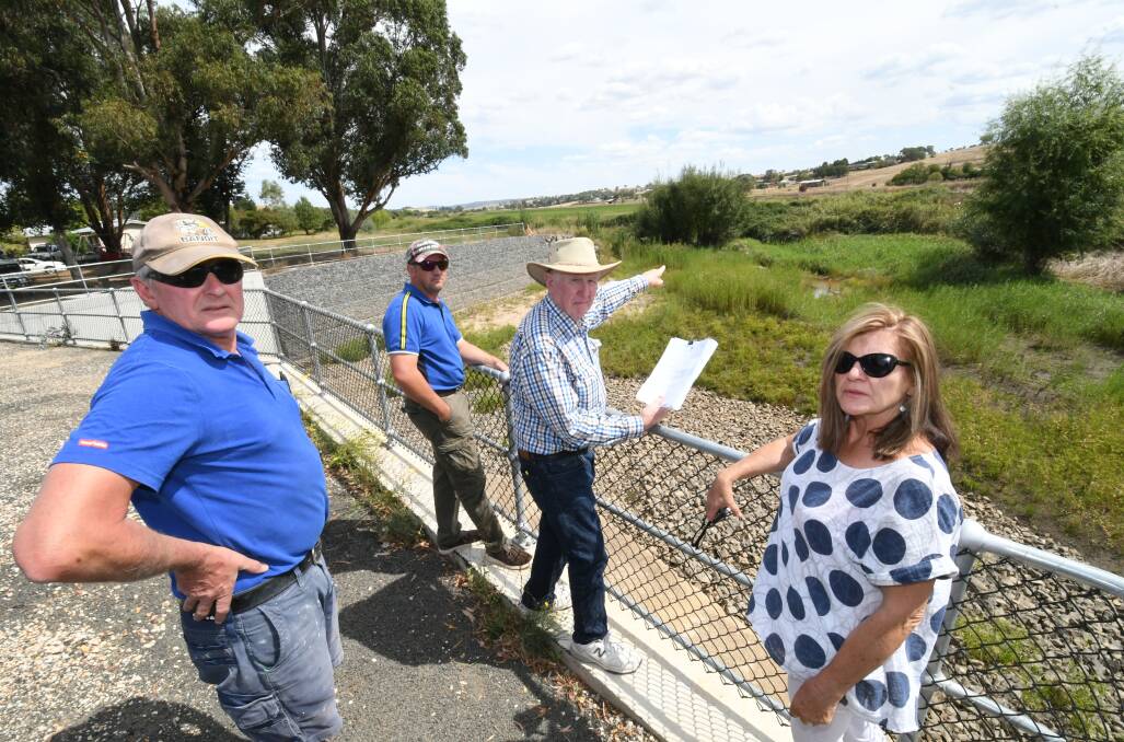 FLASHBACK: Perthville residents Chris Bennett, Jack Couples, Ken Hamer and Gerry Sealey looking out over the clogged Queen Charlotte's Vale Creek in 2019. Photo: CHRIS SEABROOK