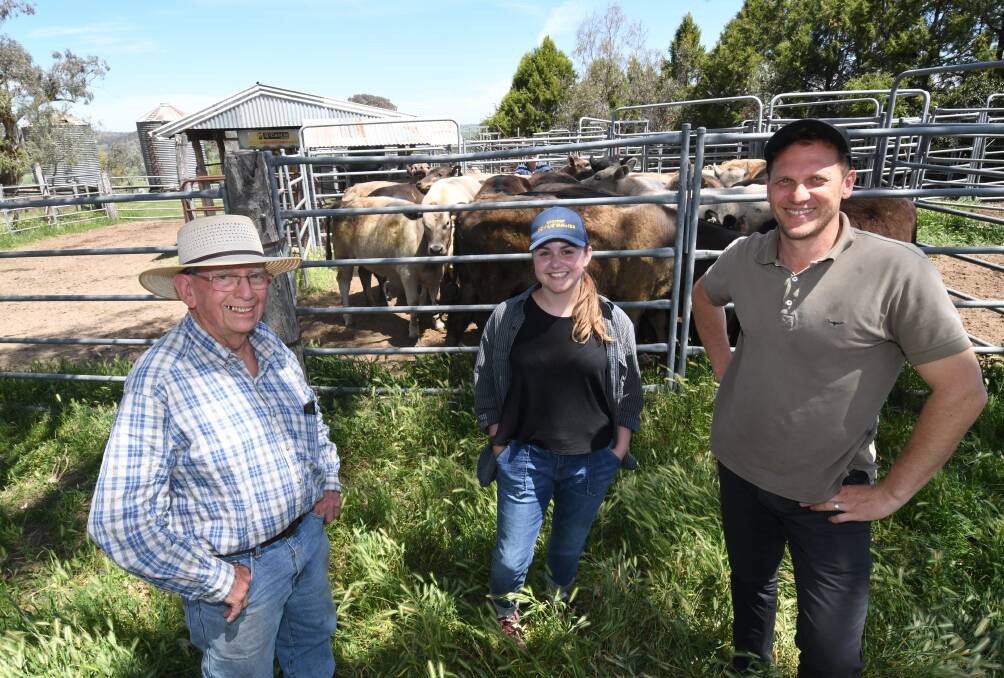 VISIT: Graham Russell, Alice Chandler and councillor Jess Jennings with some Murray Grey and Angus cattle. Photo: CHRIS SEABROOK 102318cfarvizt1