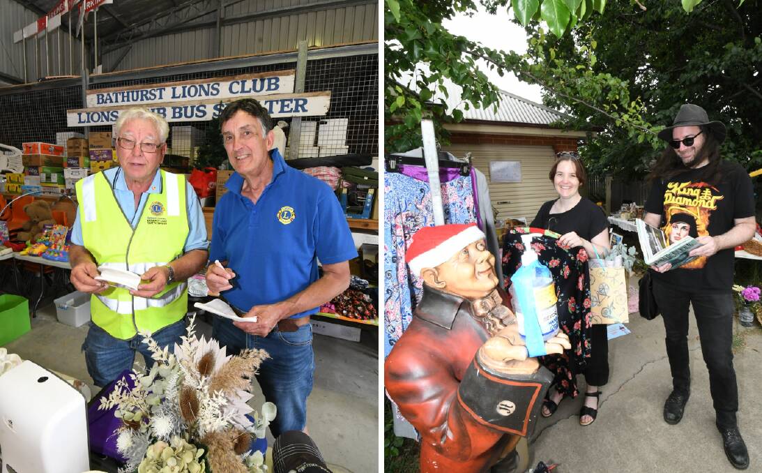 GOOD WEEKEND: Safety officer Gavin Ellis and treasurer Mal Purves at the Bathurst Lions Club sale (left) and (right) Rachelle Down with Che De Boehmler, from Sydney, checking out items in Havannah Street. Photos: CHRIS SEABROOK 