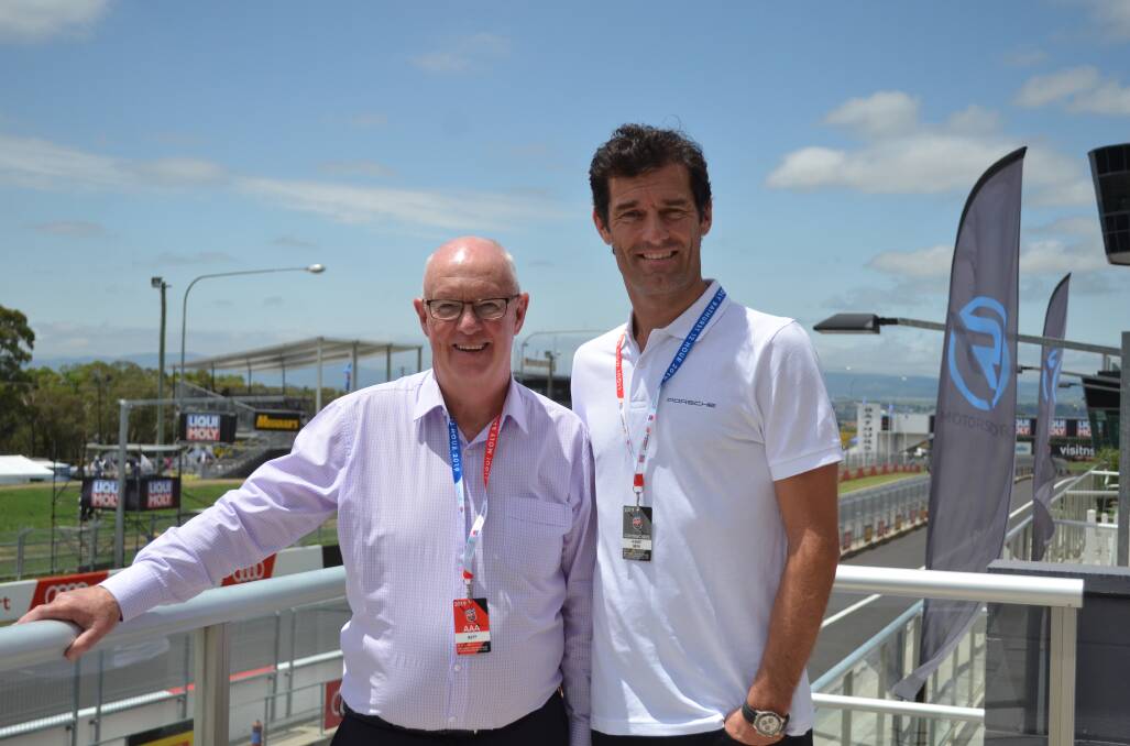 WELCOMING COMMITTEE: Mayor Graeme Hanger was pleased to meet and greet former racing driver Mark Webber at Mount Panorama on Friday. Photos: ANYA WHITELAW