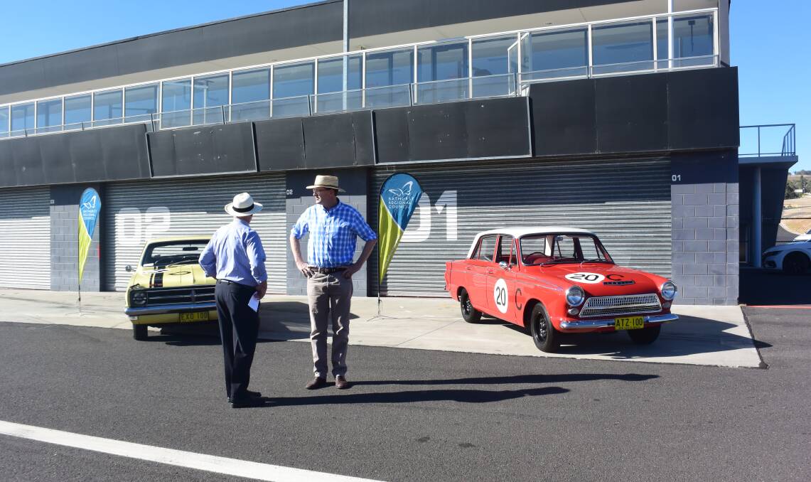 Mayor Graeme Hanger and member for Calare Andrew Gee at Mount Panorama on Monday. 