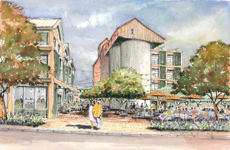 An illustration showing a view of the Tremain's Mill precinct from Havannah Street, looking at the Millworks Annex building and concrete silos. 