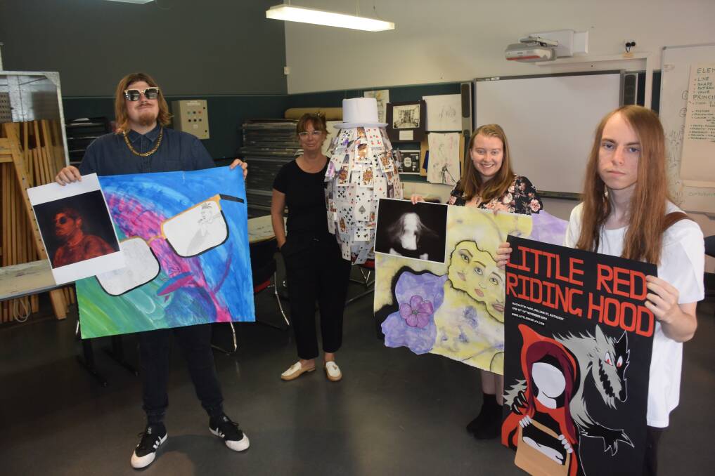 CREATIVE MINDS: TAFE NSW Bathurst art students Brock 'Beemeezy' Mason, Natasha Bellamy and Jared Gunning with teacher Ruth Stone (back).