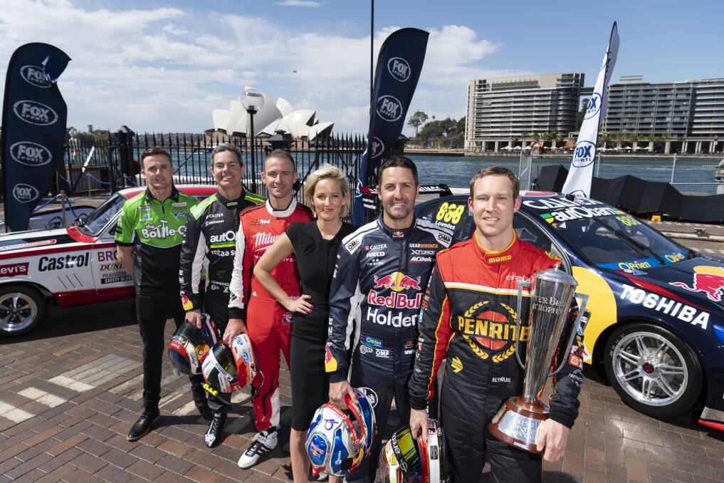 GEARING UP: Fox Sports host Jessica Yates with drivers Mark Winterbottom, Craig Lowndes, Will Davison, Jamie Whincup and David Reynolds in Sydney on Wednesday. Photo: NATHAN HOPKINS