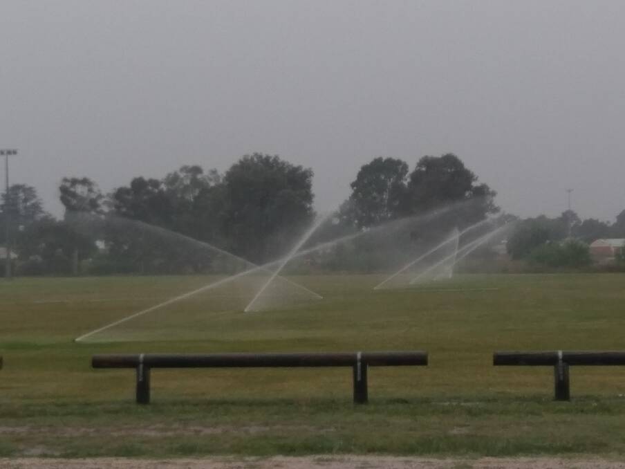 STILL WATERING: A resident sent in this photo of Police Paddock being watered at 6am last Wednesday, when there was as much as 50 millimetres of rain forecast for Bathurst. 