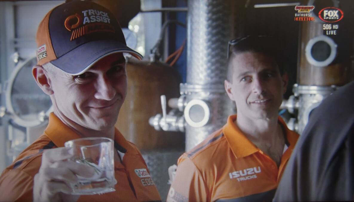 VISITORS: Supercars drivers Lee Holdworth and Michael Caruso visited Bathurst Grange Distillery during race week to film a piece for the Fox Sports coverage.