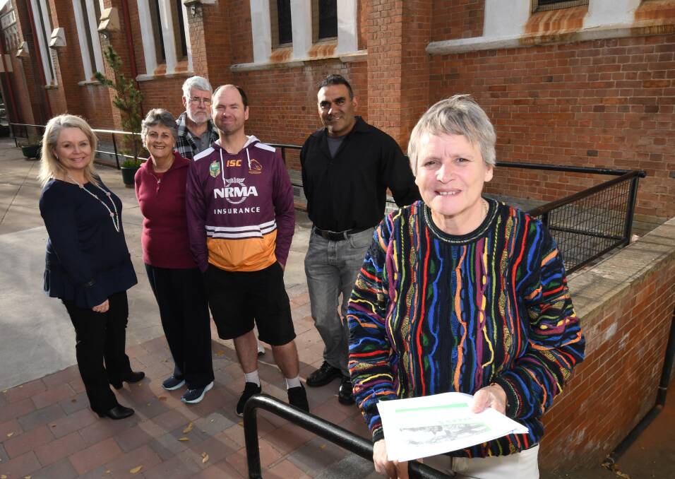 HAPPY: Julie Greig, pictured last month with Bathurst Regional Counil's Megan Bargwanna, advisory group members Lynne and Tim Collett, Matt Robinson and John Hausia, has said the community response to Uniting Safe Space has been positive. Photo: CHRIS SEABROOK 052918chomless