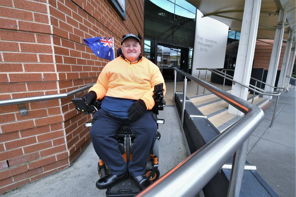 Disability advocate Bob Triming at the Bathurst Memorial Entertainment Centre ramp, one of the projects he helped to achieve. Photo: CHRIS SEABROOK 052422caccess
