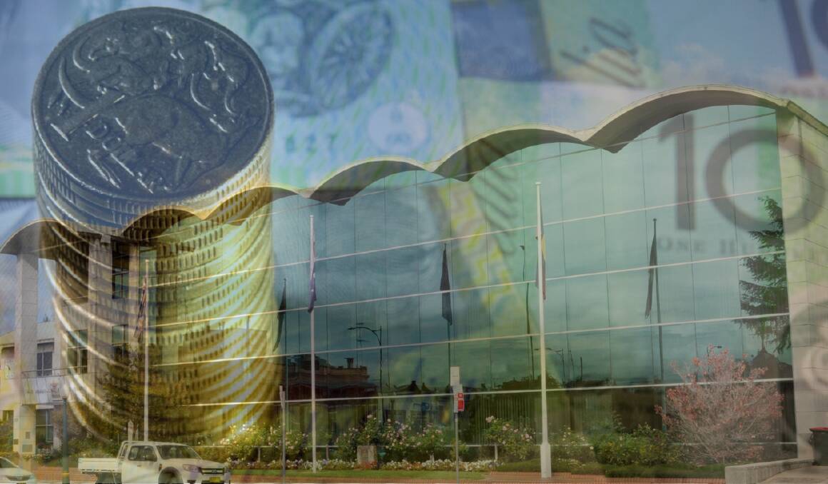 Coins and notes overlaid on a picture of the civic centre in Bathurst. Pictures file