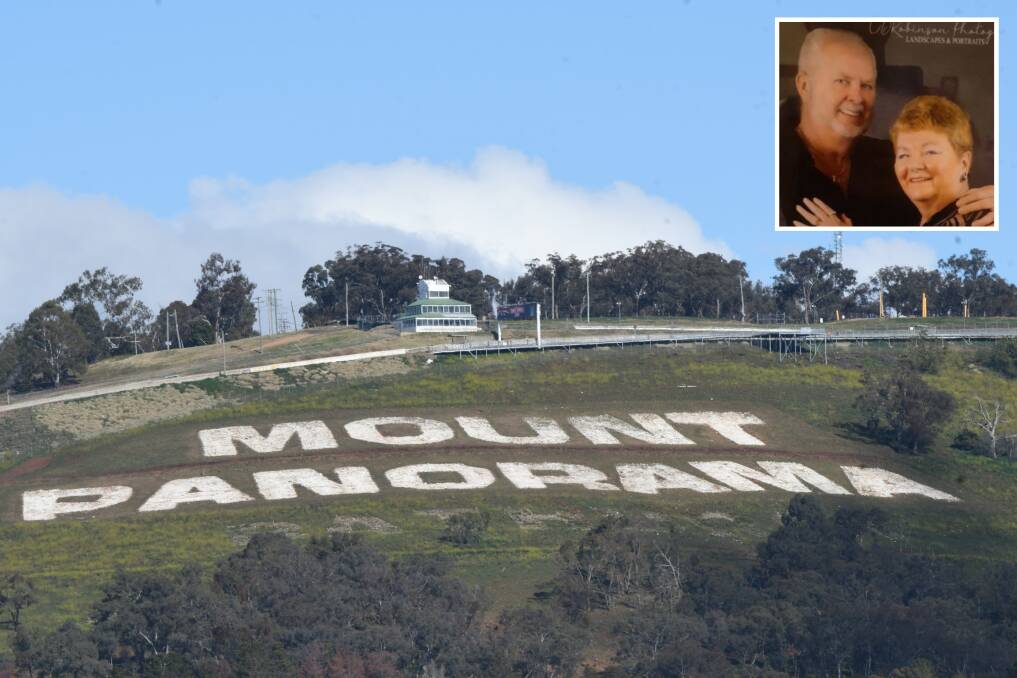 Carol Dobbie and her husband Graeme (inset) and the iconic Mount Panorama sign. 