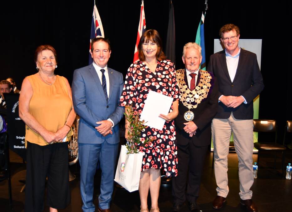 Josephine Jolliffe (centre) pictured with Shirley Scott, Deputy Premier Paul Toole, mayor Robert Taylor and Member for Calare Andrew Gee. Picture by Rachel Chamberlain