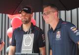 MOMENTO: Supercars drivers Shane van Gisbergen and Garth Tander with their plaque for winning the 2020 Bathurst 1000. Photo: PHIL BLATCH