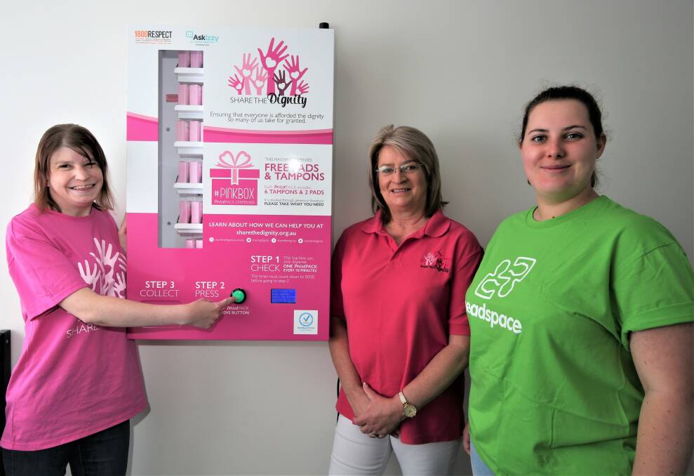 GOOD IDEA: Share the Dignity volunteers Lauren Bradbury and Tammie Myers with headspace Bathurst's Isobelle Strickland. Photo: PHIL BLATCH