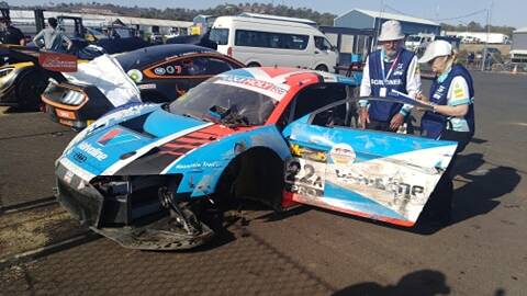WRITTEN OFF: Tander's Audi R8 will never race again after being heavily damaged at McPhilamy Park. Photo: JORDAN TRELOAR