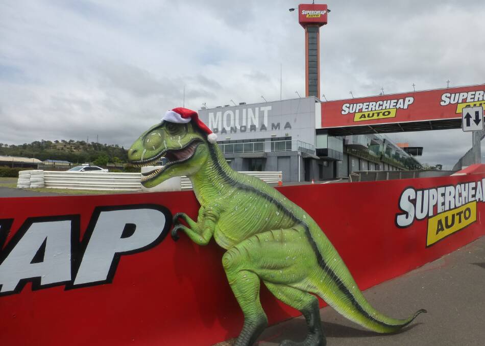 Peter Rogers took the donated fibreglass T-Rex dinosaur up to Mount Panorama while waiting for the donation to be accepted. Photo: SUPPLIED