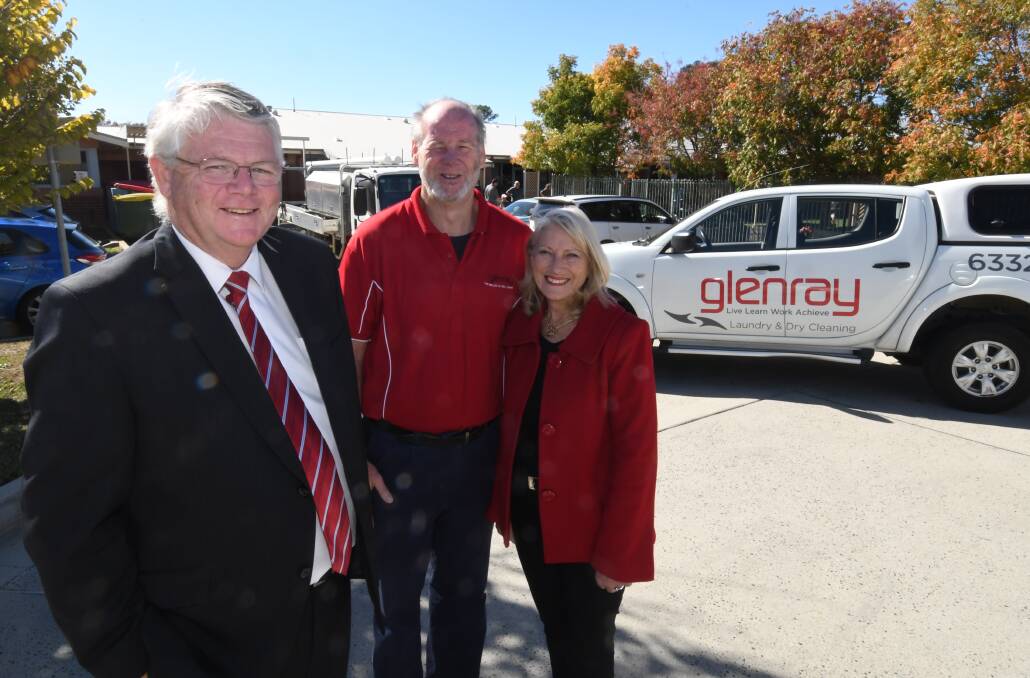 A GOD-SEND: Catholic Diocese of Bathurst financial administrator Patrick Cooper with Glenray's laundry manager Ian Miles and CEO Susan Williams. Photo: CHRIS SEABROOK 050718cglenray1