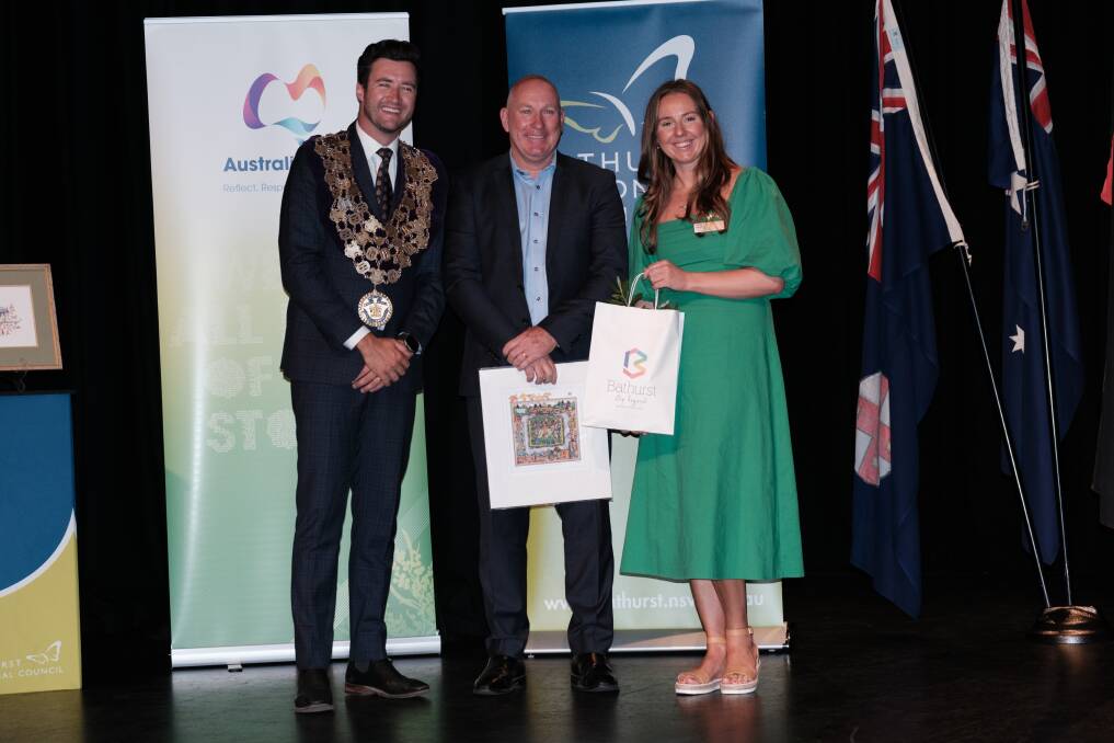 Dean Oxley (centre) with deputy mayor Ben Fry and Australia Day ambassador Lottie Dalziel. Picture by James Arrow