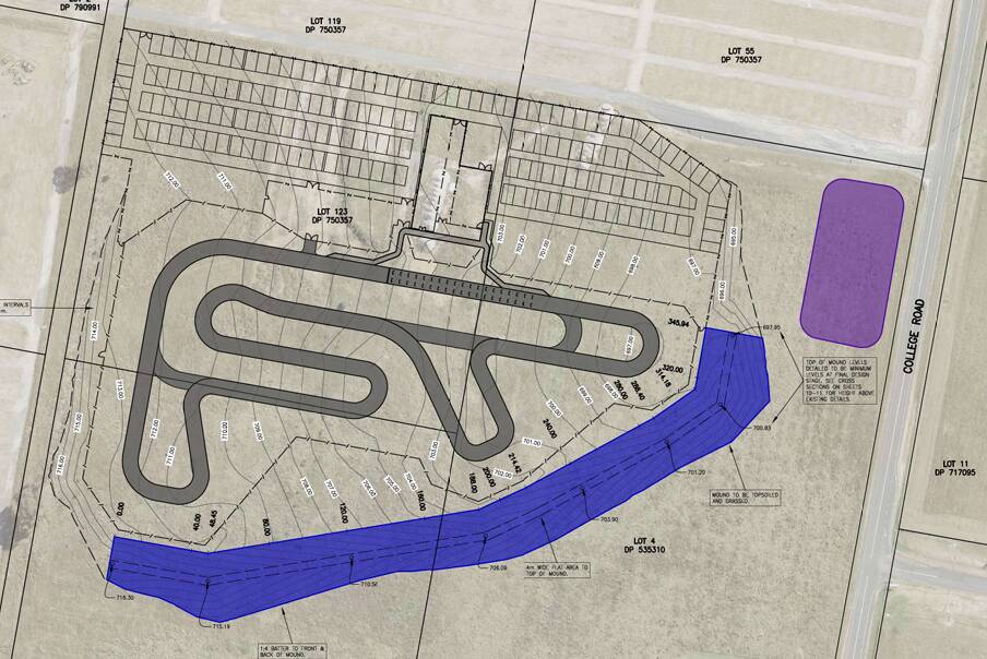 An aerial diagram showing the go-kart track, with the blue area indicating the acoustic mound and the purple showing the proposed detention basin. Picture by Bathurst Regional Council