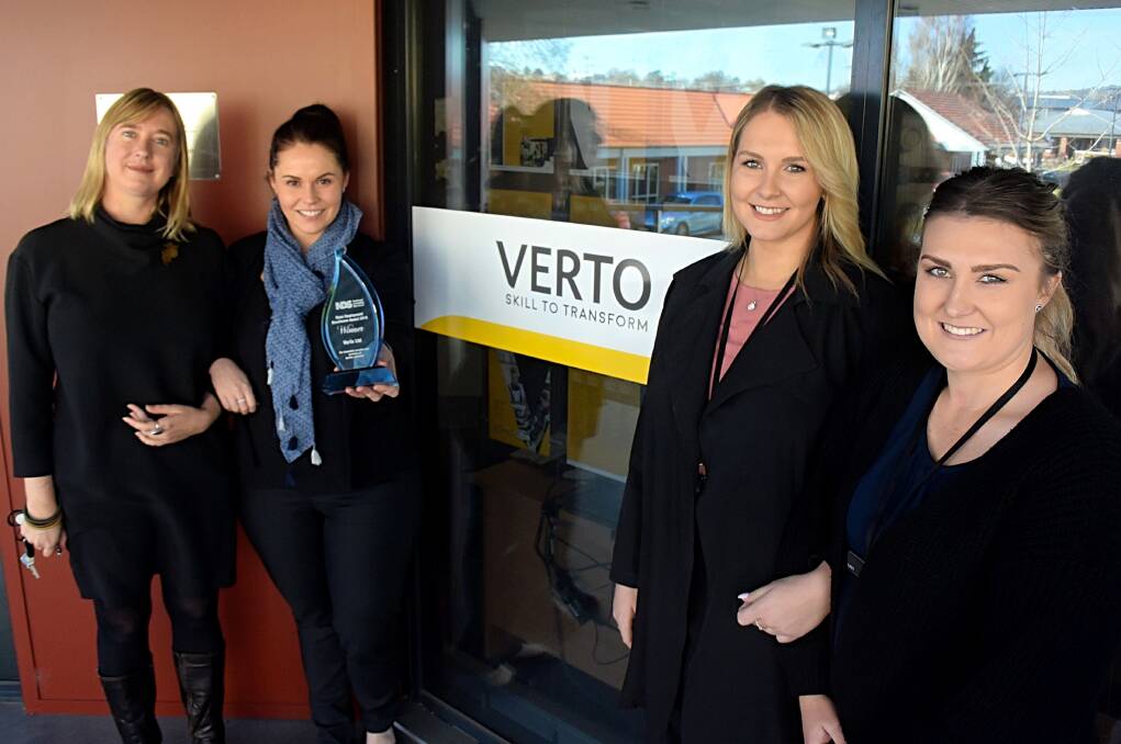 TEAM EFFORT: Pictured with their award are VERTO's chief operating officer Brittany Jack, employment services manager Peta Childs, team leader Stacey Callan and consultant Casey Bailey. Photo: RACHEL CHAMBERLAIN 062118rcverto