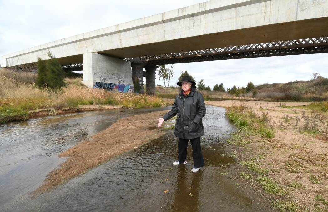 LOW LEVEL: Councillor Monica Morse, standing in the Macquarie River last week after a small dose of rain. Photo: CHRIS SEABROOK 060419cmacq2