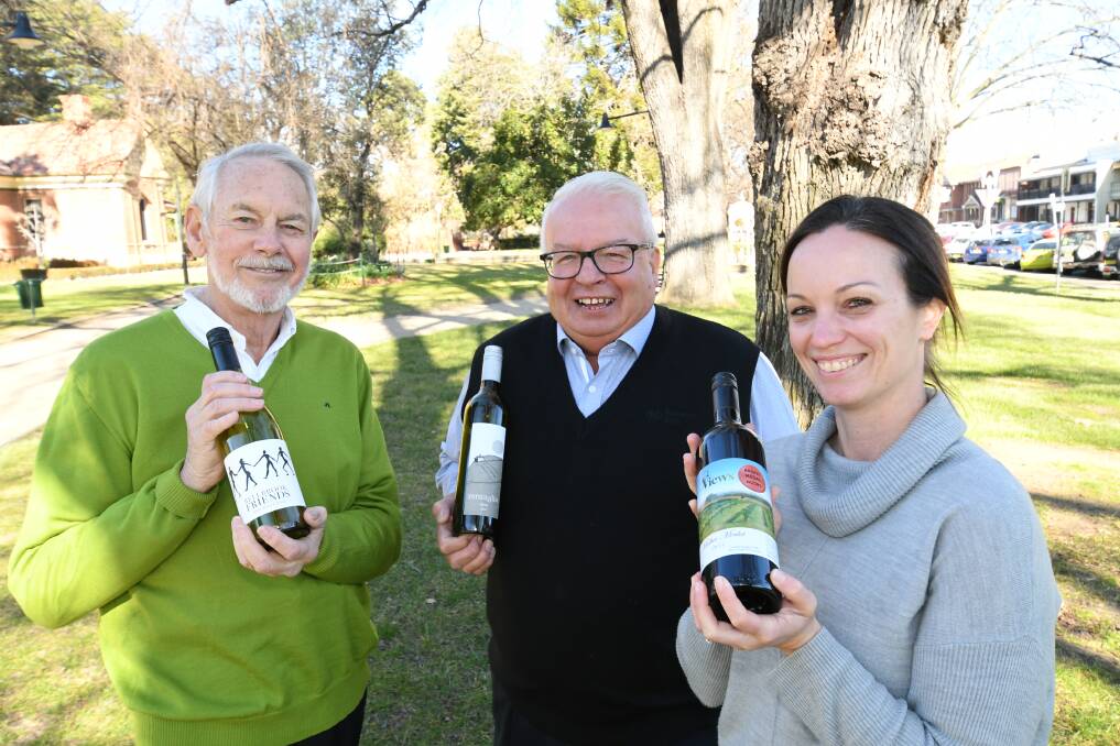 WINE ENTHUSIASTS: The National Cool Climate Wine Show publicity officer Donald Alexander, chief steward Mark Haley and chairperson Lee Baxter hope to see hundreds of entries for the show. Photo: CHRIS SEABROOK 073119coolclime