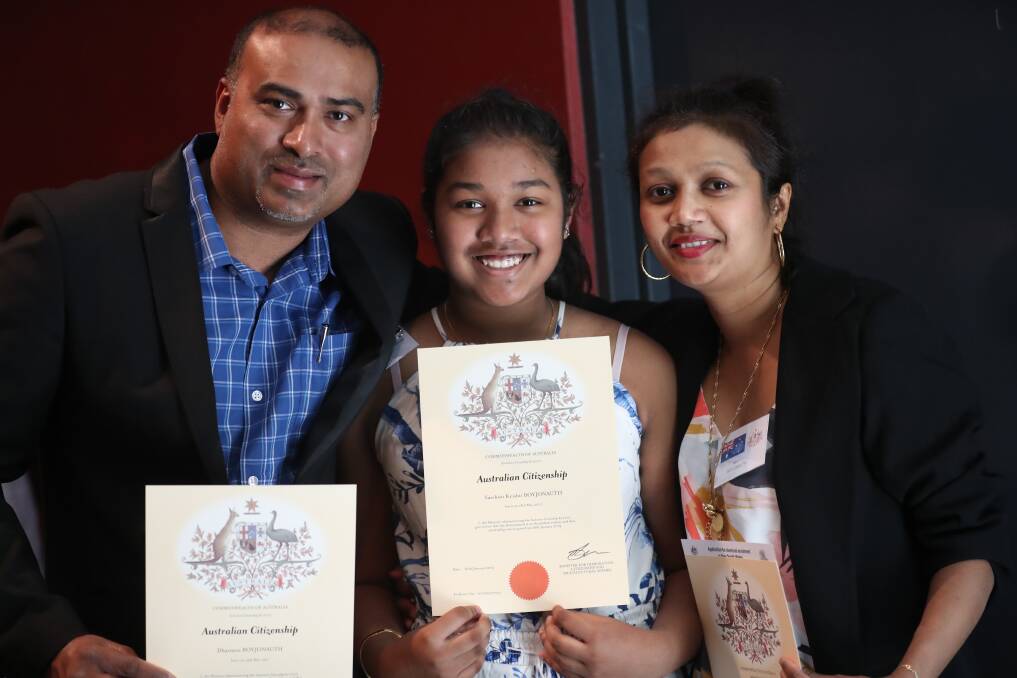 PROUD FAMILY: Dharmen, Varshini and Aarti Boyjonauth became Australian citizens together on Australia Day. Photo: PHIL BLATCH 012619pbcitizen1