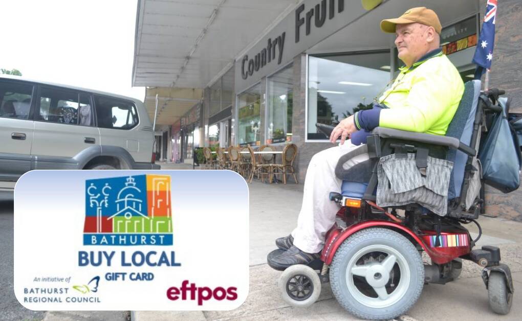 Disability advocate Bob Triming and the Bathurst Buy Local Gift Card (inset). 