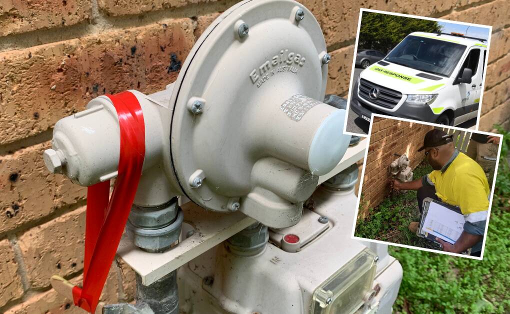 A gas meter in Bathurst, with a Jemena van (inset) and a person restoring gas to a household (inset). Pictures file